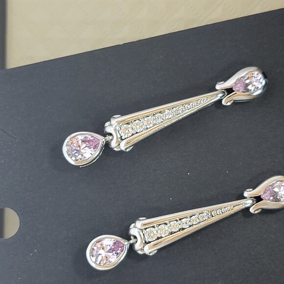 Sterling Silver Drop Earrings 1.5 Inch Pink Teardrop CZ Elegant Dangle - Picture 5 of 7